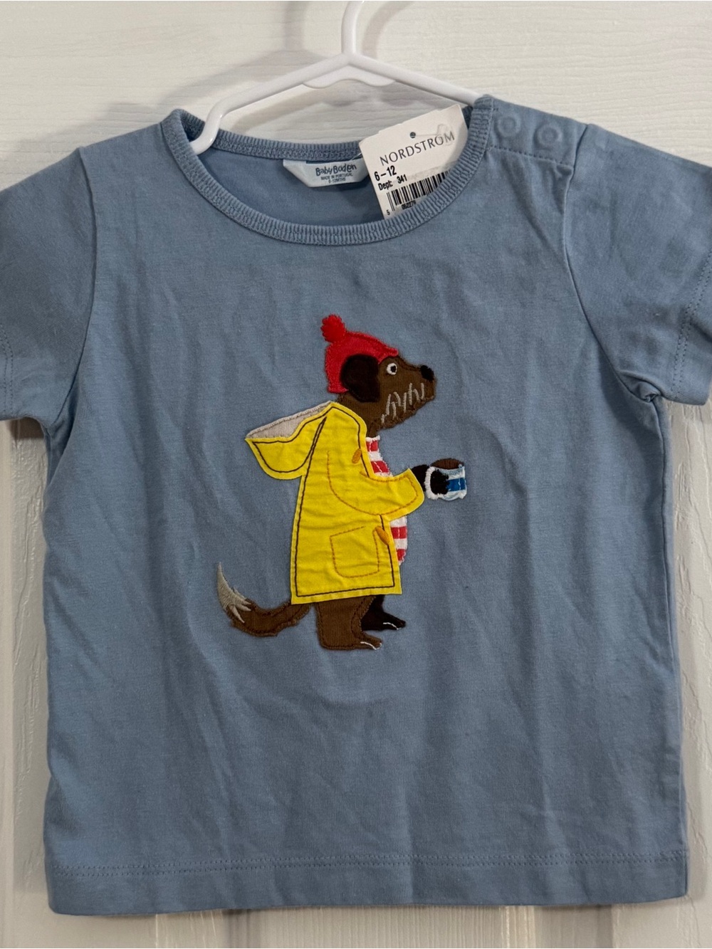 NWT Mini Boden Baby Boy Blue with Dog in Yellow Raincoat Appliqué Short Sleeve